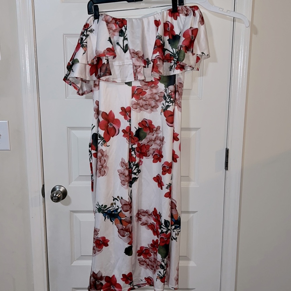 Off shoulder A line dress. Beautiful for Easter or a wedding. Cream w/floral des